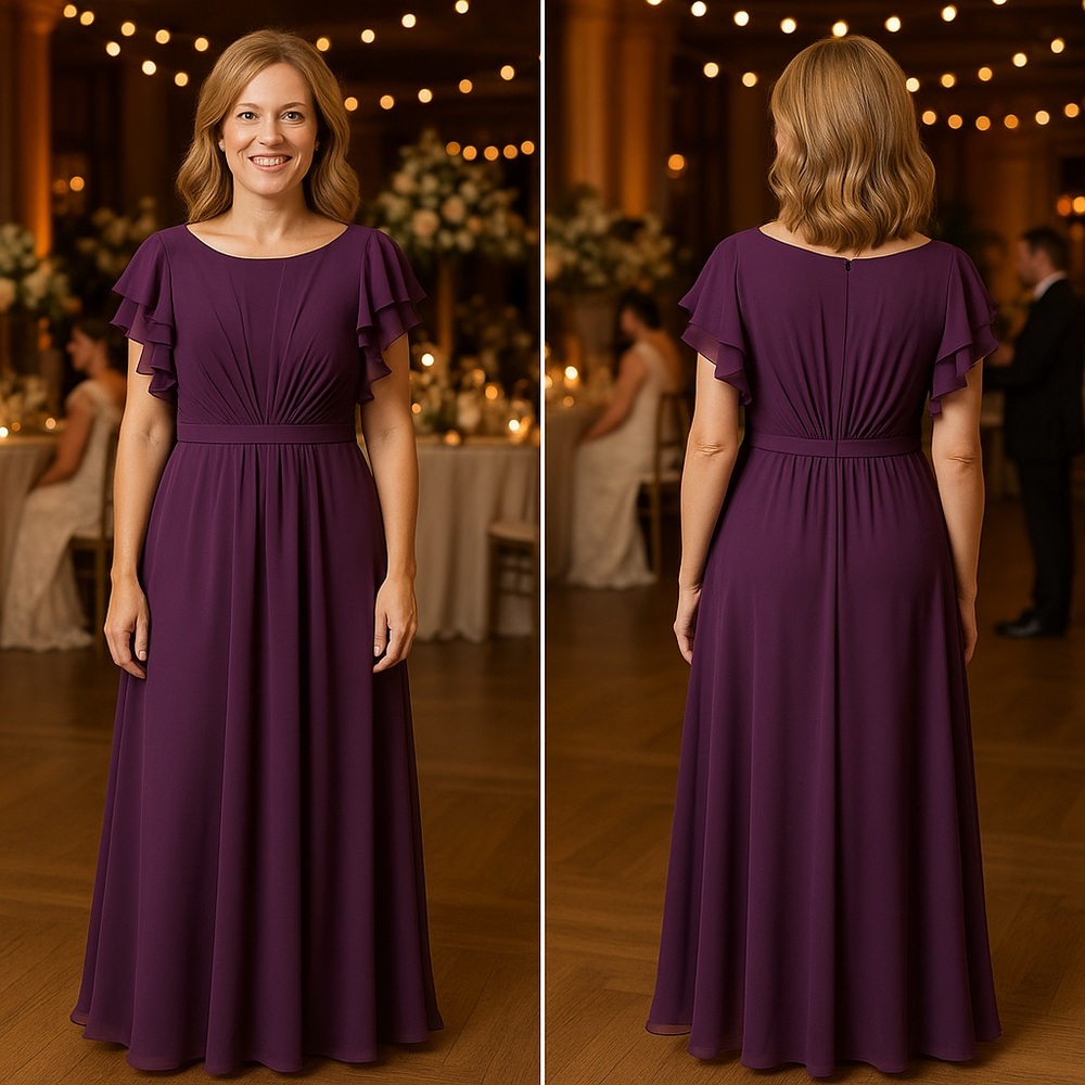 NWT AZAZIE DAPHNE size A6. A-Line Ruffled Chiffon Floor-Length Dress in Grape.‎